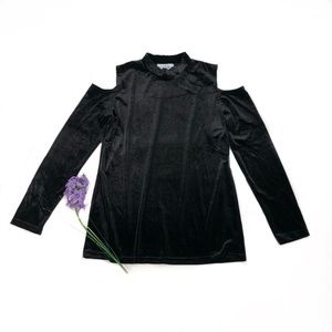 Black Velvet Cold Shoulder Mock Neck Loose Shirt